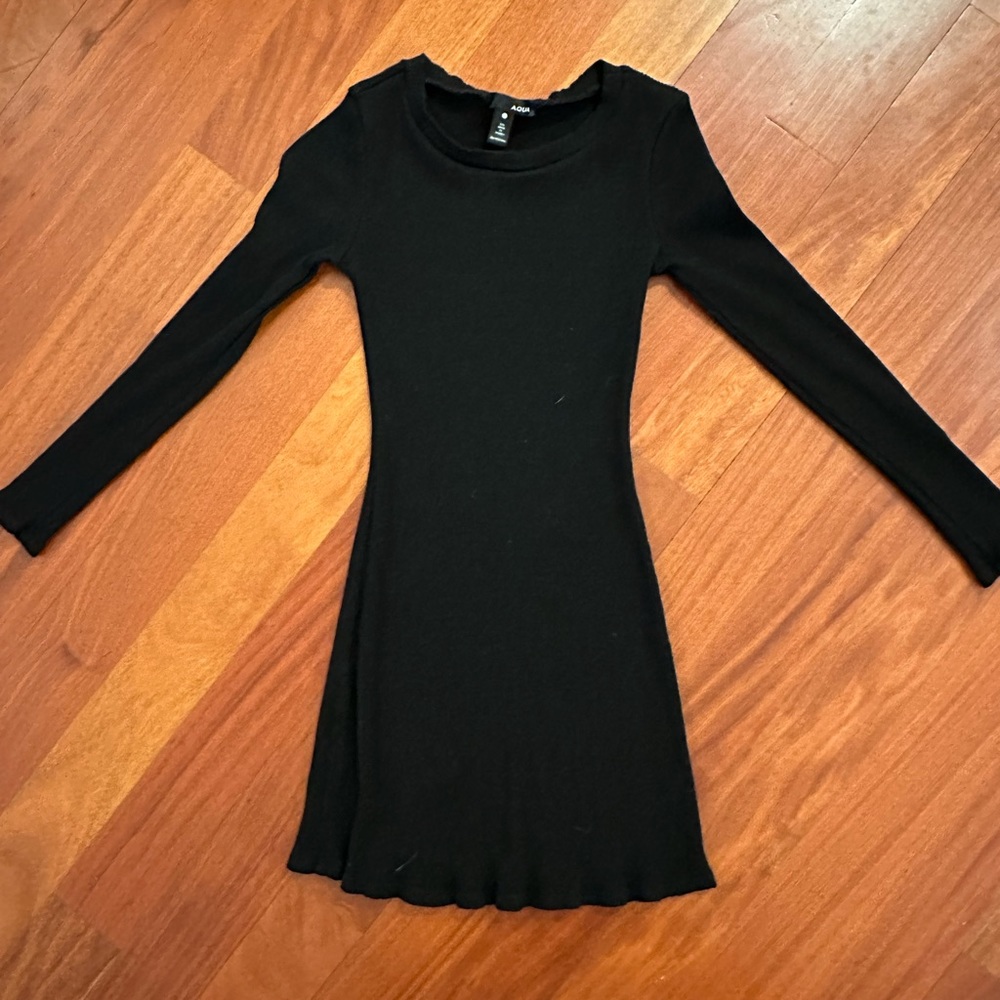 Aqua black ribbed knit cotton mini dress, small